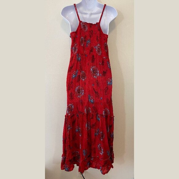Free People Garden Party Midi Smocked Dress Size Large Red Floral - Picture 6 of 6